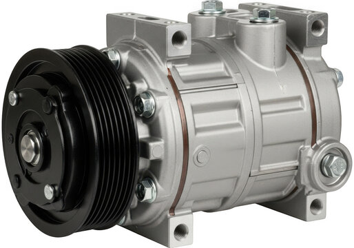 A silver and black air conditioning compressor isolated on transparent background