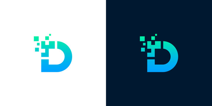 Modern gradient letter D logo with dissolving pixel elements, conveying innovation, data technology, and digital presence for a contemporary brand identity