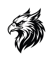 Obraz premium Majestic black and white griffin head vector, powerful mythical creature illustration, fantasy animal emblem, strong falcon eagle mascot design for branding and sports.