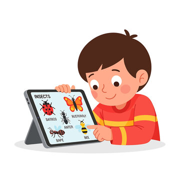 Boy looking at tablet with insects.