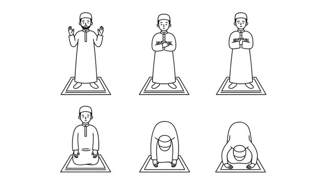 Muslim Man Performing Islamic Prayer (Salat) Ritual Stages on Prayer Mat - Line Art Vector Set