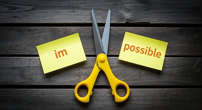 A pair of yellow scissors cutting a yellow card with the word 'im' and 'possible' on a wooden table.