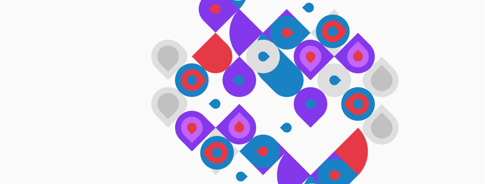 Abstract geometric shapes overlap, creating vibrant composition. Circles, squares, rounded rectangles dominate design. Colors include purple, blue, red, gray.