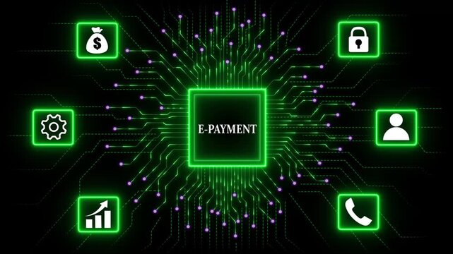 E-Payment Technology Network concept with Data Security and Automation. Business, Technology, Internet and network concept. Abstract glowing green circuit board background. 4k video