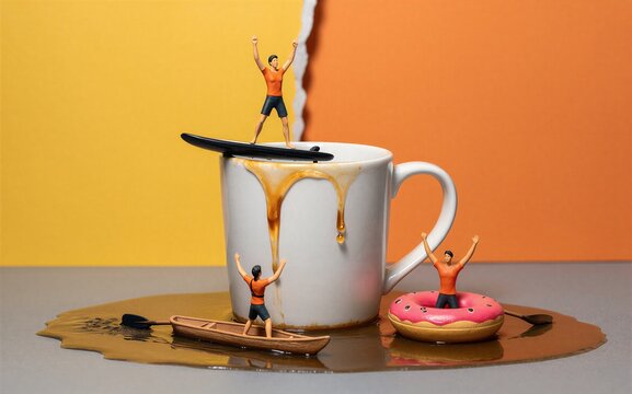 Tiny figures enjoy surfing boating and floating on a spilled coffee