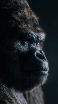 Powerful silverback gorilla close-up portrait with intense amber eyes against dark background