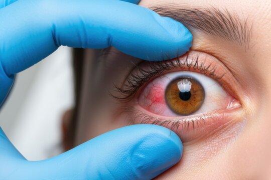 A close-up of a severely red human eye with a visible subconjunctival hemorrhage, held open by a gloved hand for examination.