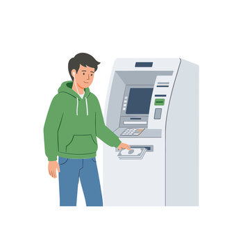 Man withdraws cash from an ATM machine outdoors.