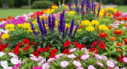Obraz premium Richly colored garden bed with diverse flowering plants