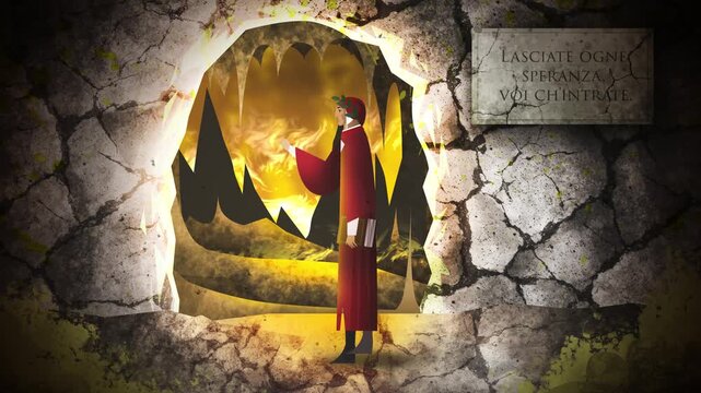 dante crossing threshold of inferno cave entrance into hell in dark epic medieval scene