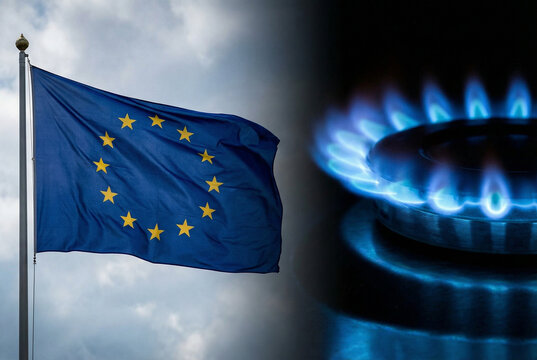 European flag and gas flame concept representing energy policy and gas supply issues in Europe