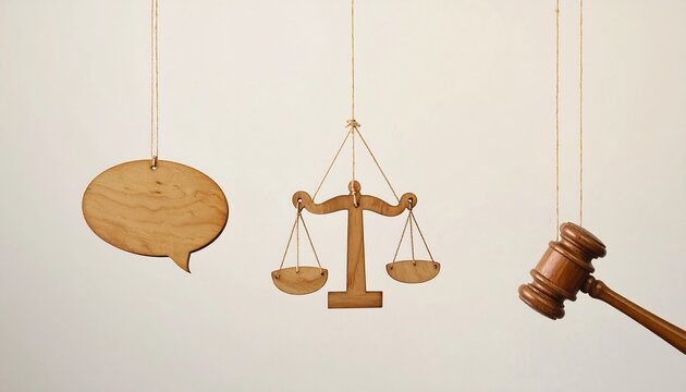 A balanced scale, gavel, and speech bubble hang from strings