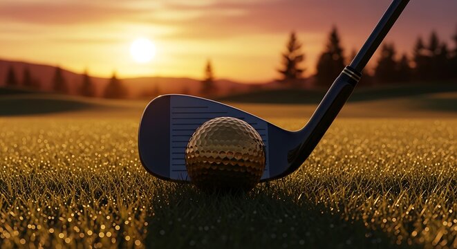 Golden Sunset Golf Club and Ball on Tee Ground