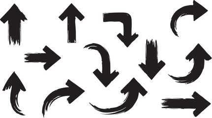 Various bold brush drawn curved arrows. Collection doodle marker thick arrows in different directions. Hand drawn vector direction pointers. Curved and wavy brush strokes © Mend