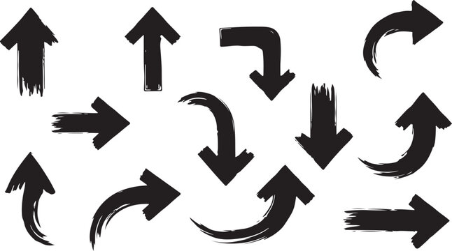 Various bold brush drawn curved arrows. Collection doodle marker thick arrows in different directions. Hand drawn vector direction pointers. Curved and wavy brush strokes