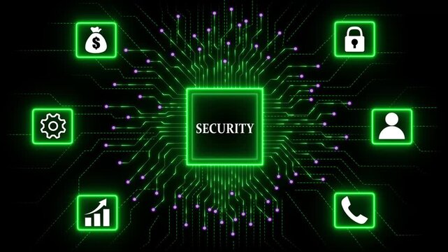 Security Technology Network concept with Data Security and Automation. Business, Technology, Internet and network concept. Abstract glowing green circuit board background. 4k video
