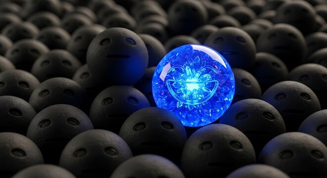 Bright Blue Led Orb Among Dark Spheres