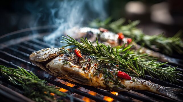 A piece of fish is being grilled on a barbecue with herbs and chili peppers
