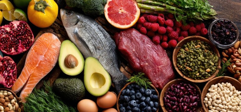 Assortment of Healthy Foods Including Fish, Meat, Fruits, Vegetables, and Grains.