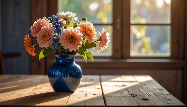 Bouquet of colorful flowers in a blue vase, bathed in sunlight on a wooden table near a rustic window