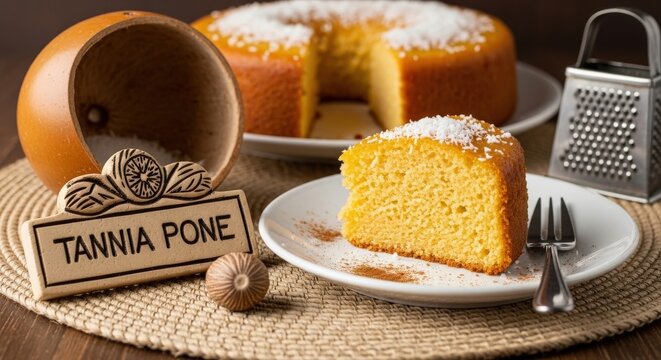 Traditional Golden Tannia Pone with Coconut and Cinnamon on White Porcelain