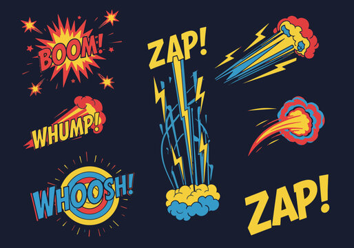 A vibrant collection of comic book sound effects, including 'Boom!', 'Zap!', 'Whump!', and 'Whoosh!', rendered in a dynamic, eye-catching style. Perfect for adding impact to any design.