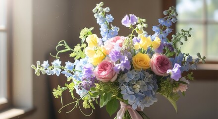 Colorful floral arrangement with roses hydrangeas and other blooming flowers