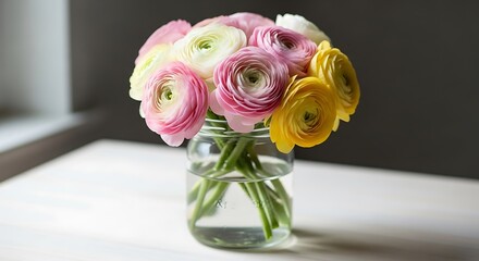 Colorful ranunculus flowers in a glass vase on a white surface