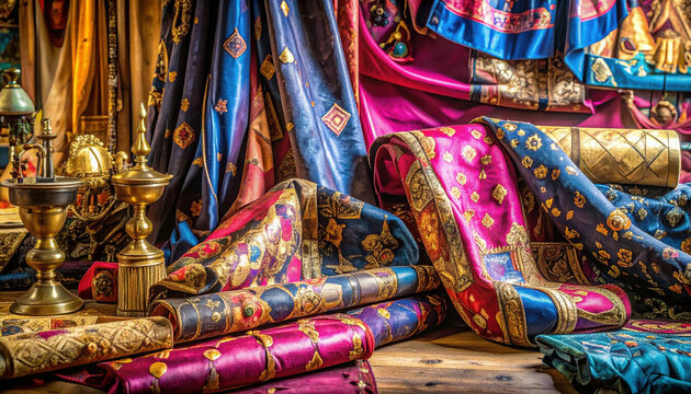 Eclectic vintage bazaar background with ornate brass antiques, colorful silk textiles, and wooden treasure chests, rustic artisan market shop interior