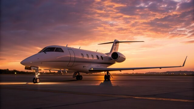 Luxury private jet on tarmac at sunset