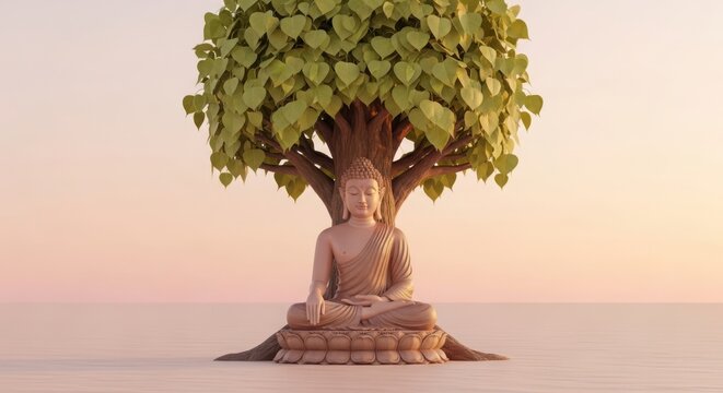 A serene depiction of buddha meditating under the branches of a bodhi tree