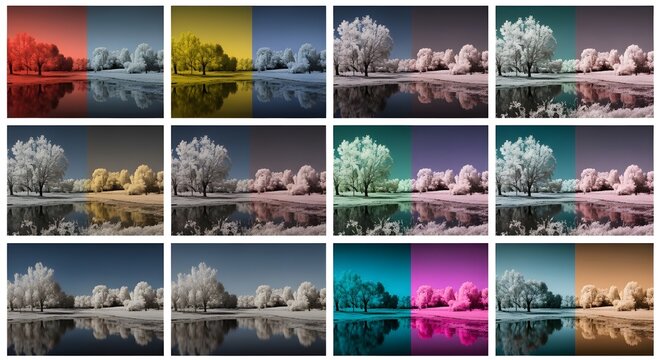 Infrared Filtered Landscape Collage with Vibrant Colors and Reflective Water