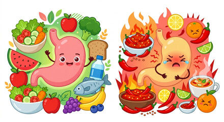 Fototapeta premium Healthy vs Unhealthy Food Effect on Stomach Illustration. Happy Stomach with Organic Vegetables and Sad Stomach with Spicy Chili and Sour Food. Flat 2.0 Vector Style. 