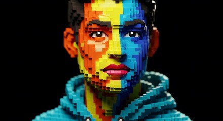 Naklejka premium Pixelated Lego Style Portrait of a Man with Split Warm and Cool Color Face
