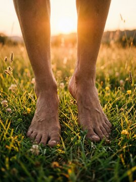 Grounding mindfulness embracing a barefoot lifestyle in nature for wellness and healing at sunset