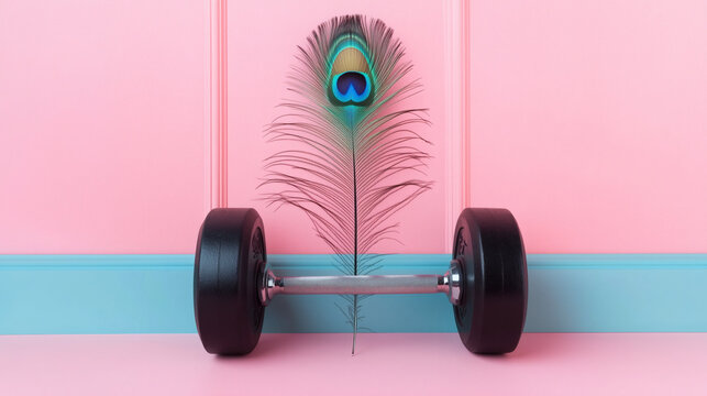 A creative fitness concept with a peacock feather on a colorful background.