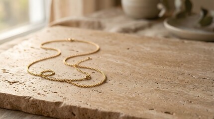 Naklejka premium Elegant gold chain necklace mockup on textured surface for luxury jewelry branding and premium fashion presentation