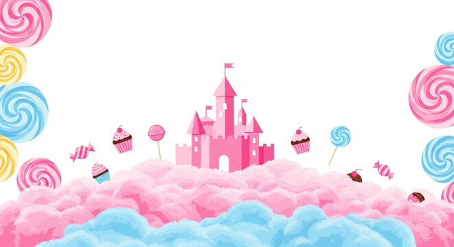 Pink castle on fluffy clouds with colorful lollipops and cupcakes sweet treats and desserts fantasy landscape with candy land elements whimsical scenery