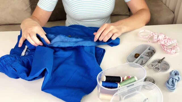 A woman at home carefully examines a large hole in her blue shorts before repairing the garment. Concepts for home life, sewing preparation, mending, and saving.