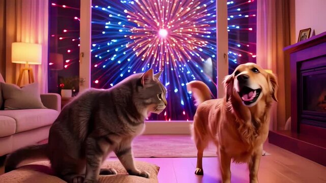 Cat and dog sitting in cozy living room watching fireworks at night