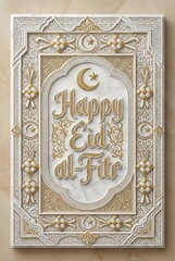 Obraz premium Elegant White Gold Happy Eid al Fitr Islamic Frame with Crescent Ornamental Design