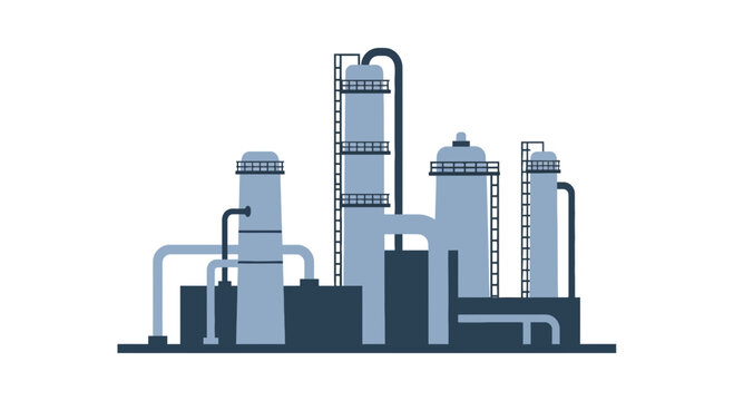 Industrial Oil Refinery and Chemical Plant Facility Flat Design Vector Illustration with Distillation Towers