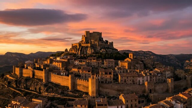 Mountain town of Morella in Valencia, Spain, dramatic view at sunset timelapse