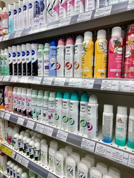 28.03.2026 Ukraine Kharkov, Assorted Deodorant Sprays on Supermarket Shelf