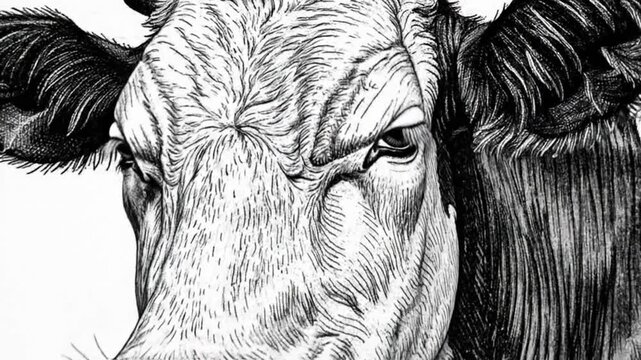 Detailed black and white illustration of a cow's head, showcasing intricate linework and textures.