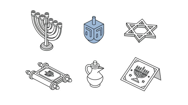 Isometric Jewish & Hanukkah Symbols Icon Set: Menorah, Dreidel, Star of David, Torah Scroll, Oil Jug