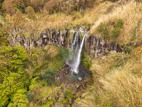 Aerial View of Cascata do Salto do Cabrito waterfall Sao Miguel Azores, Portugal