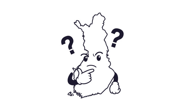 Thinking map of Finland character in outline style looking at question marks to represent curiosity or geographical questions.