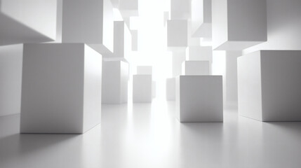 A futuristic room with white cubes.