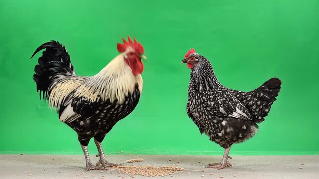 Beautiful Rooster and Hen on Green Screen Background.